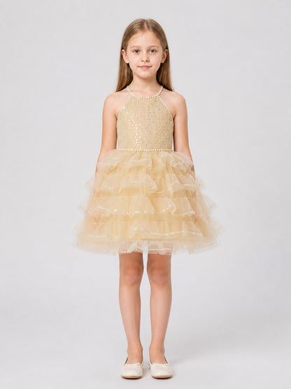 Full Dress with a Tiered Skirt and Pearl Embellishments on-model view