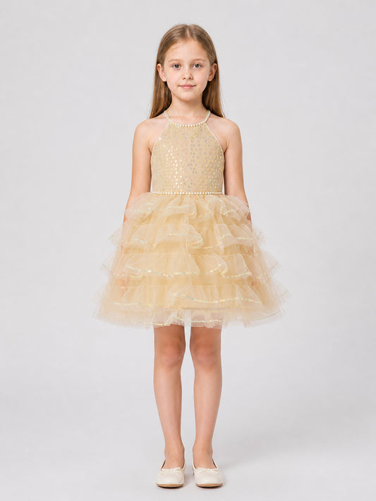 Full Dress with a Tiered Skirt and Pearl Embellishments on-model view
