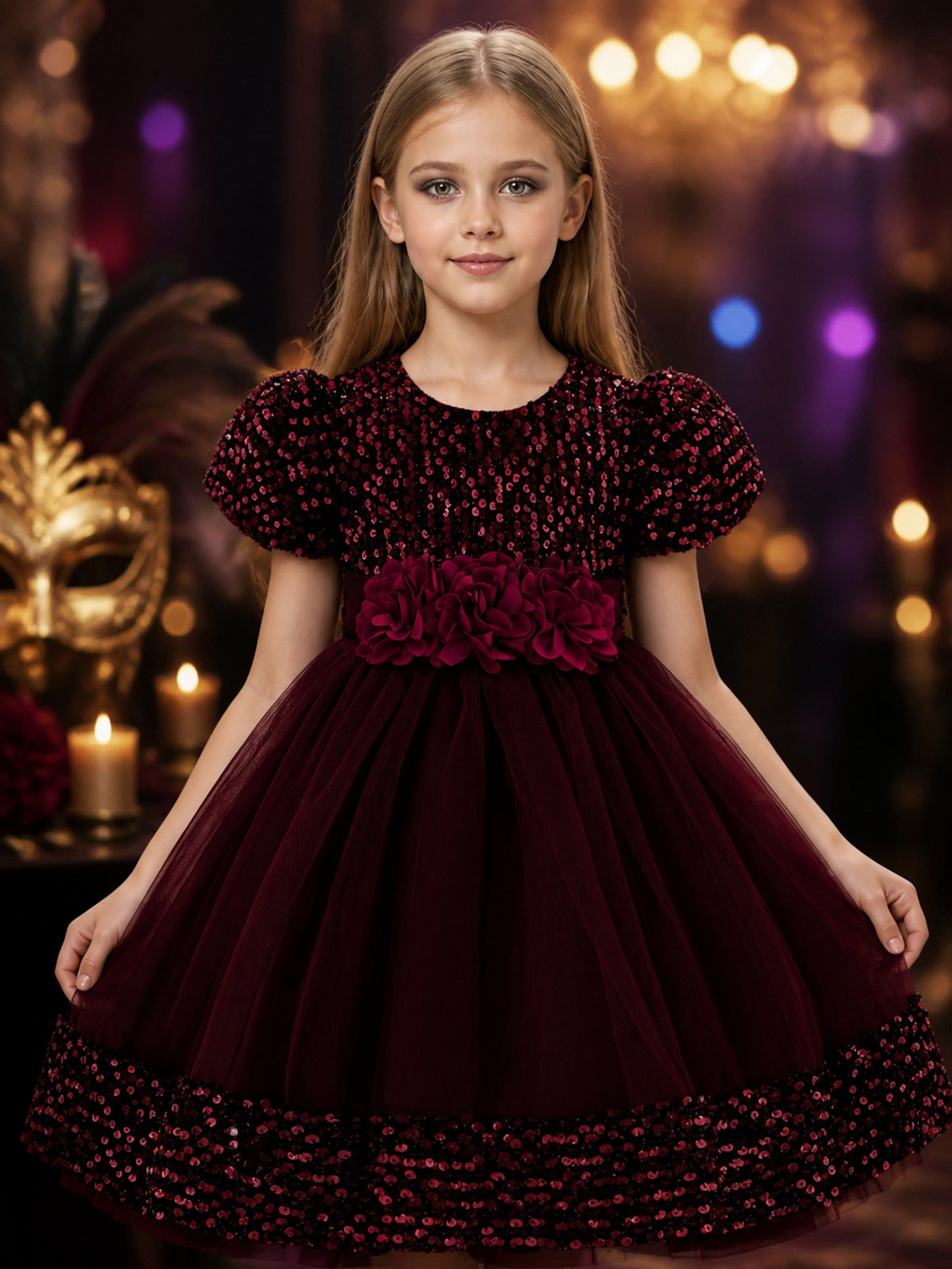 Girls' Burgundy Sequin Tulle Princess Ball Gown Dress With 3D Rose Flowers and on-model view