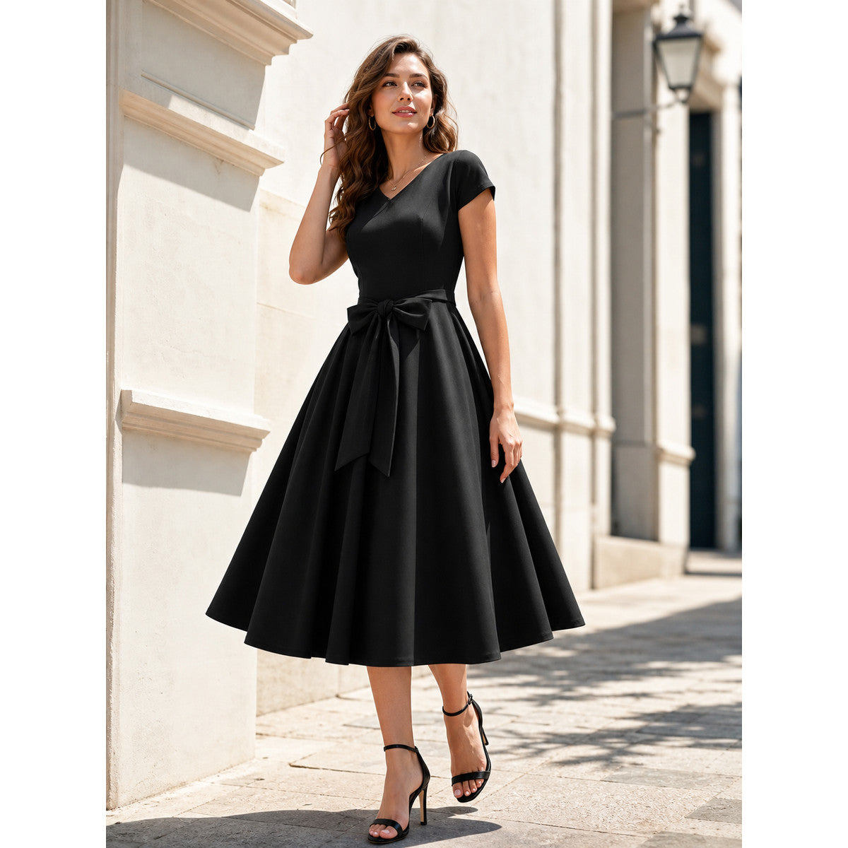 Black V-Neck Dress with Bow
