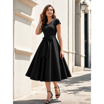 Black V-Neck Dress with Bow
