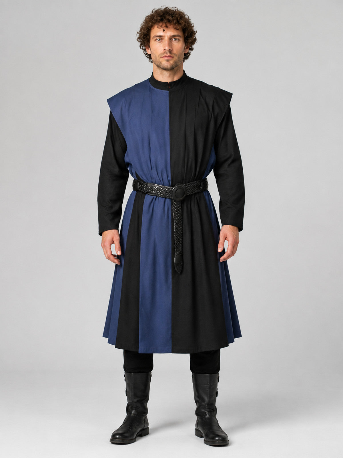 Blue-Black Medieval Costume with Braided Belt on-model view