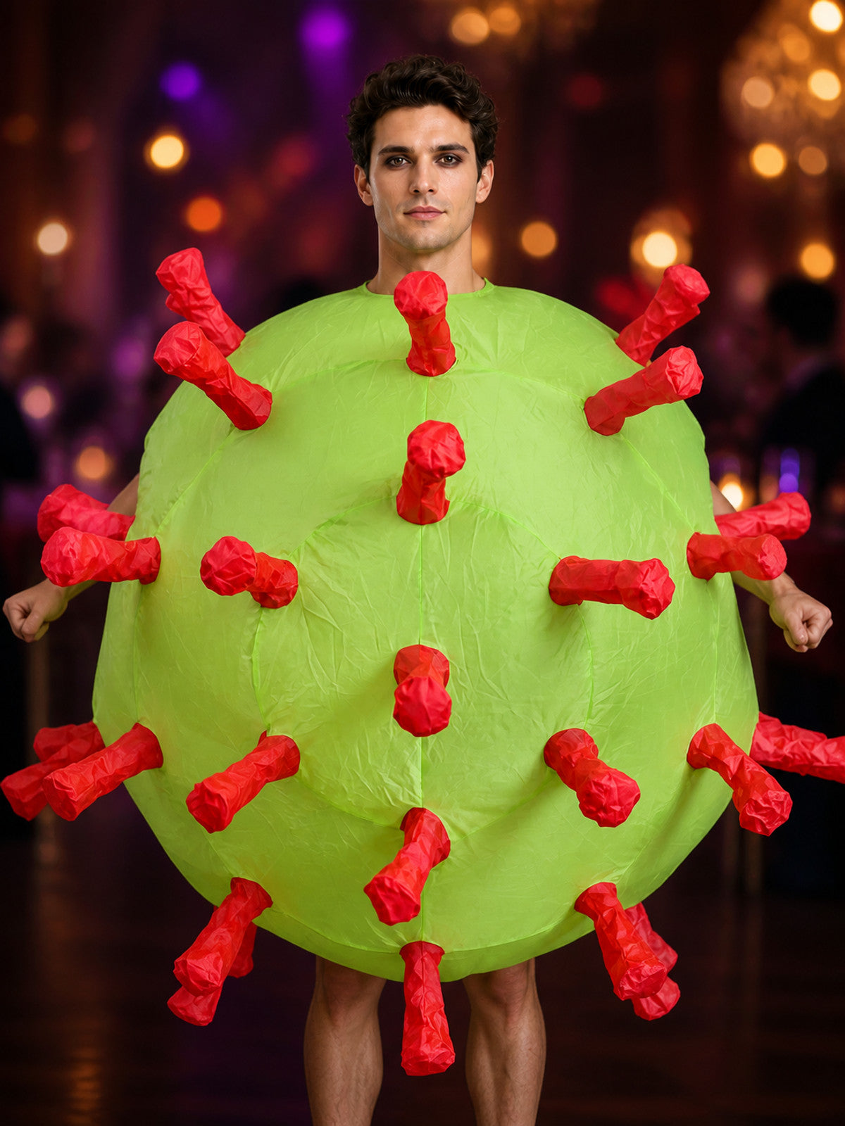Unisex Fluorescent Green Inflatable Bodysuit Costume with Red Tubular on-model view