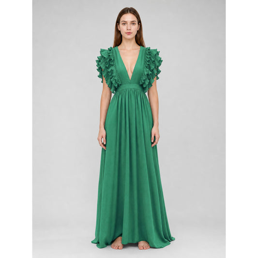 Emerald Green Maxi Dress with a V-Neckline