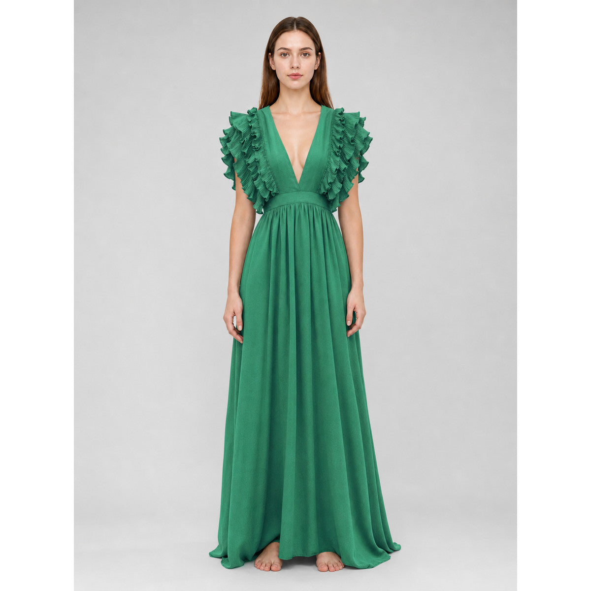 Emerald Green Maxi Dress with a V-Neckline