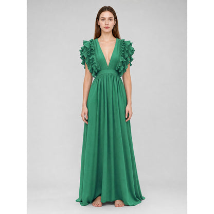 Emerald Green Maxi Dress with a V-Neckline