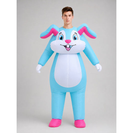 Full-body rabbit costume in a cartoon character style for Easter celebrations, costume parties, and performances. The look is done in light blue and white, with a white muzzle and oval belly patch accented by bright pink inner ears, nose, a