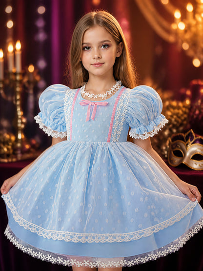 Baby Girls' Sky Blue Princess Dress with Pink Bow and Lace Trim on-model view
