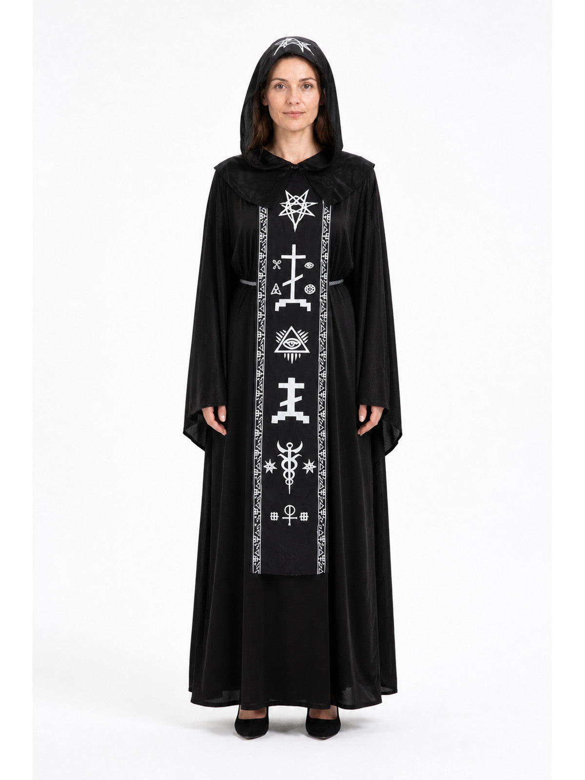 Hooded wizard's robe with white symbols, Halloween, unisex main product view