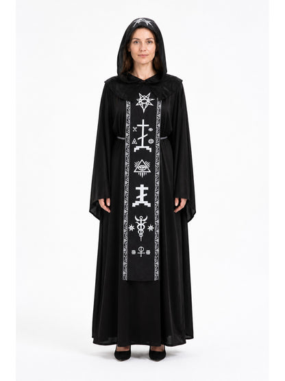 Hooded wizard's robe with white symbols, Halloween, unisex main product view