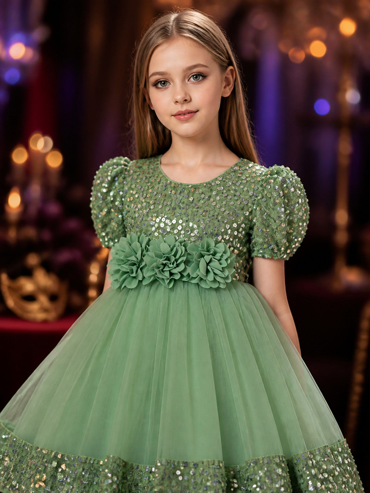 Baby Girls' Princess Dress with Sequins, Layered Tulle Skirt and 3D Flowers on-model view