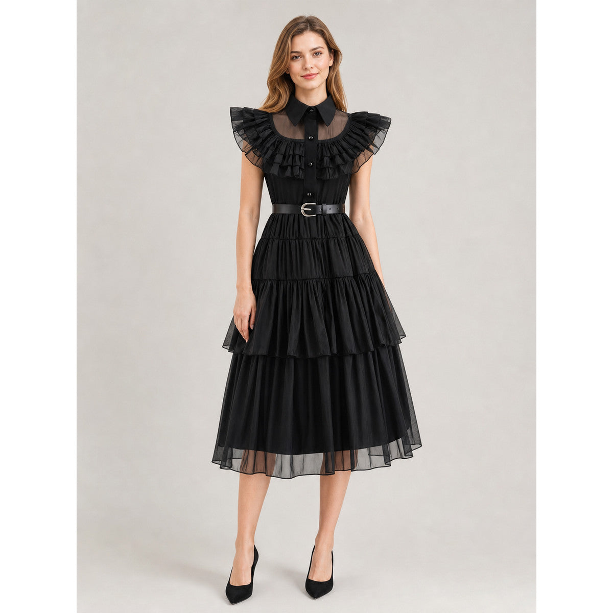 Black Gothic Dress with Mesh and Belt on-model view