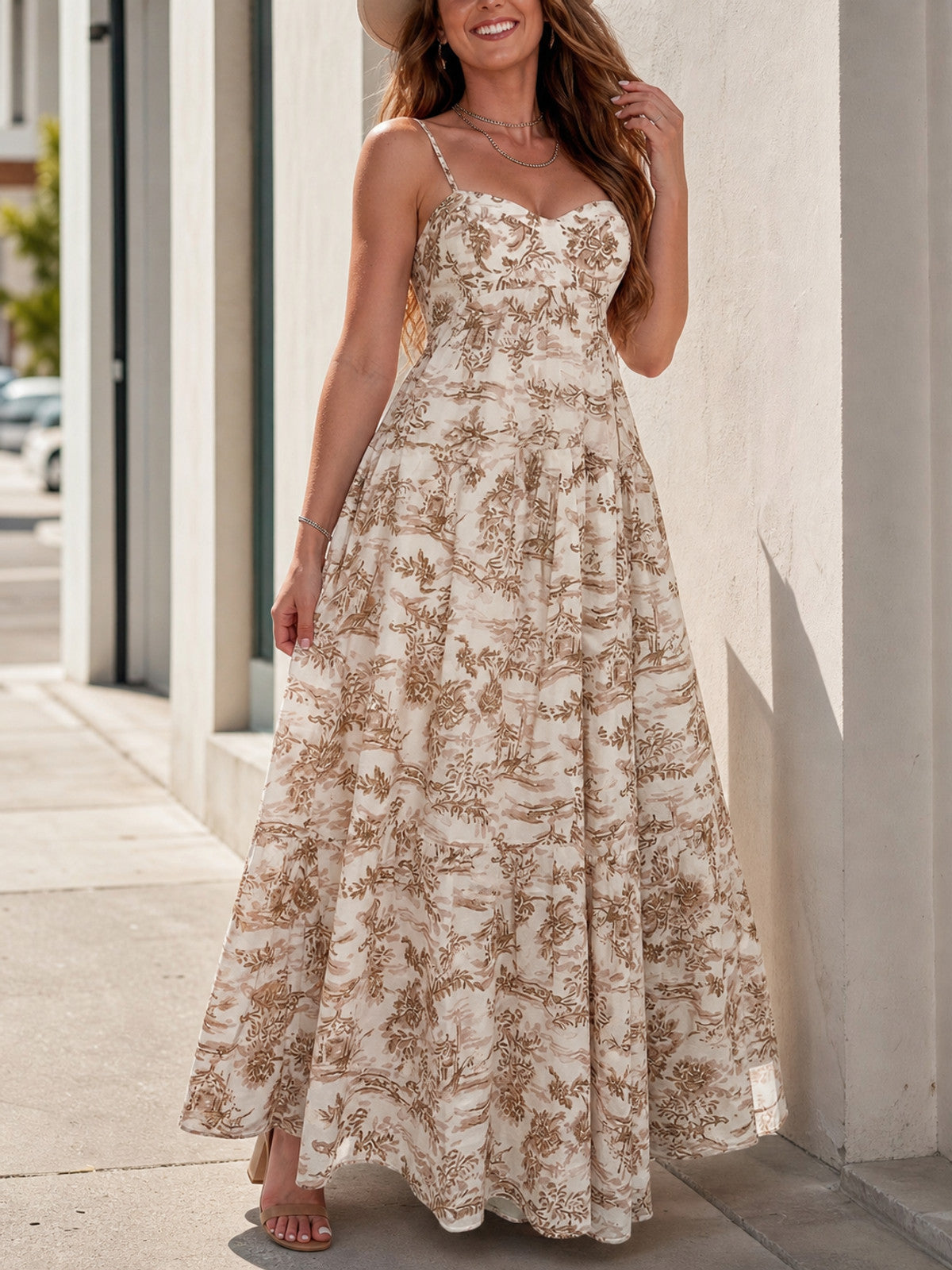 Women's Long Dress with Floral Print and Gathering main product view