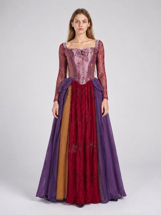 Stage costume with a corset top and floor-length skirt on-model view