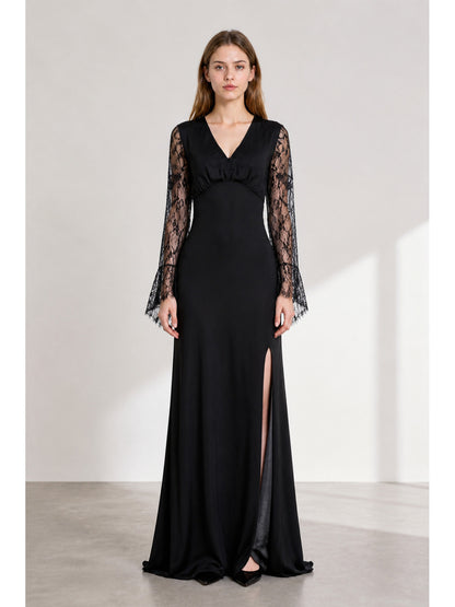 Black Dress with V-Neck and Lace Sleeves main product view