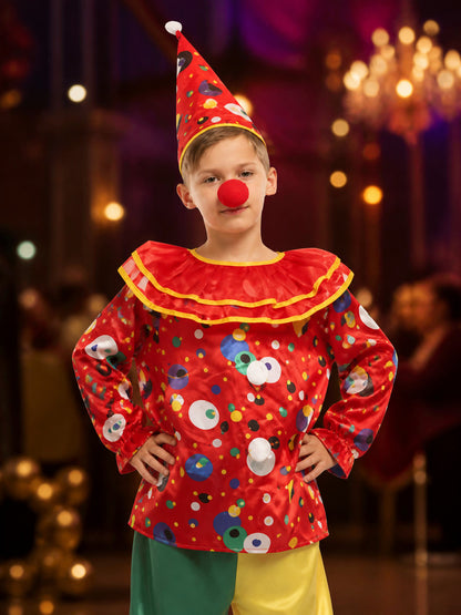 Kids' Colorful Clown Circus Costume Set with Hat and Nose, Halloween Cosplay on-model view