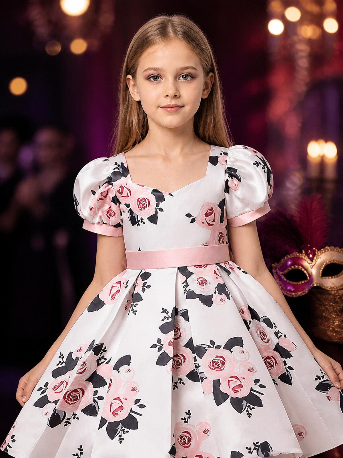Girls' Princess Dress, White Floral Gown with Puff Sleeves and Pink Waist Belt on-model view