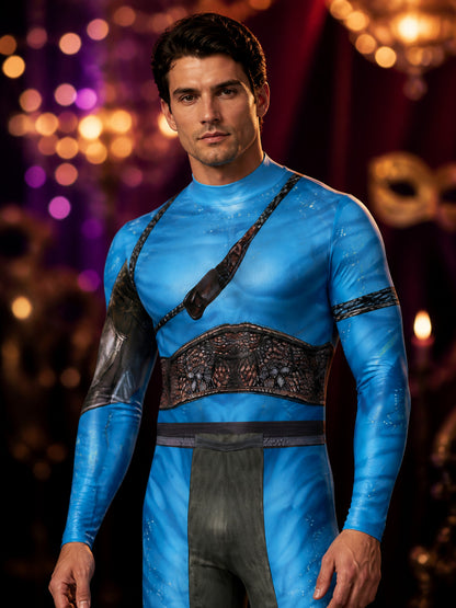 Blue Alien Armored Bodysuit Costume, High Collar Printed Halloween Outfit on-model view