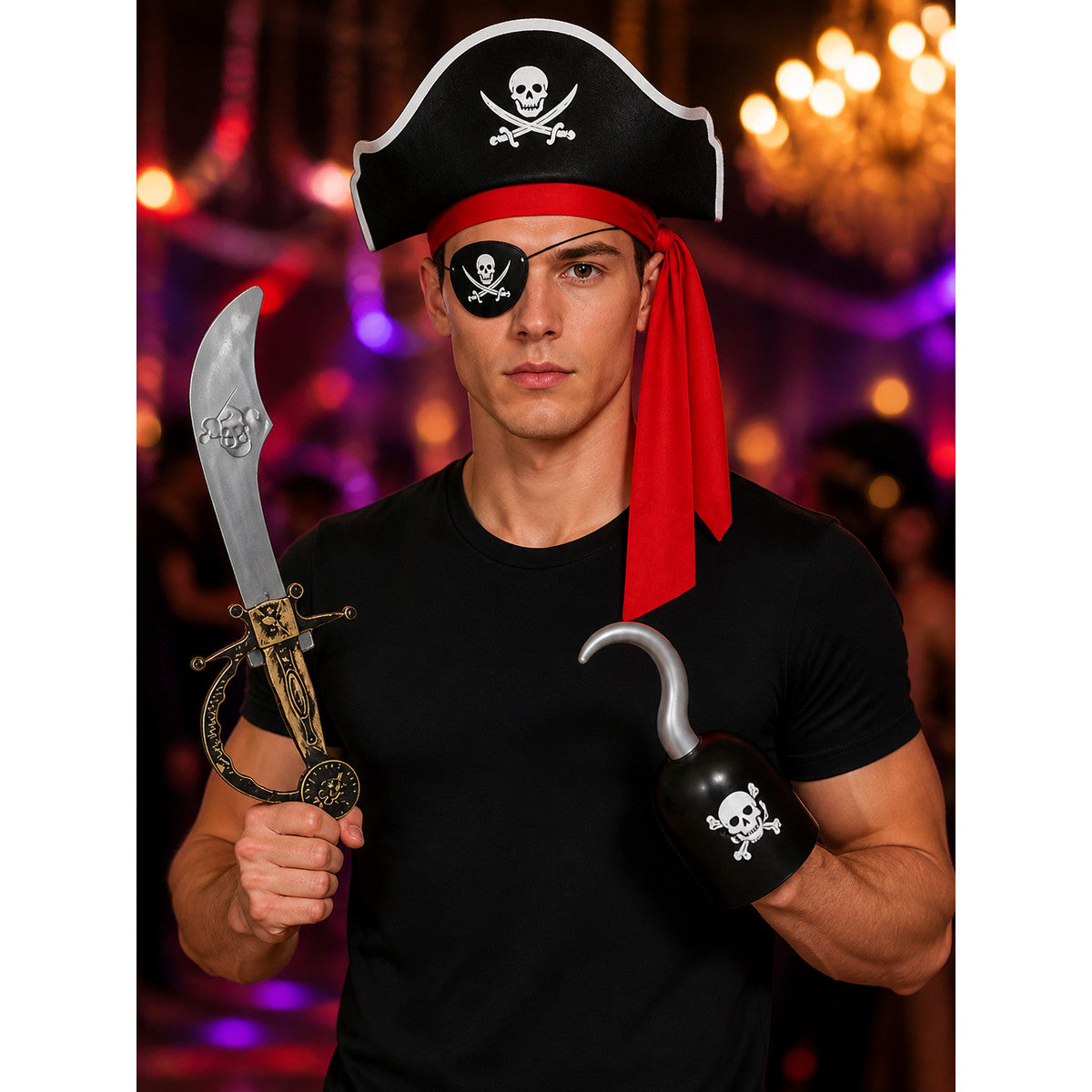 Halloween Pirate Costume Accessory Set - Skull Hat, Eyepatch, Hook & Sword on-model view