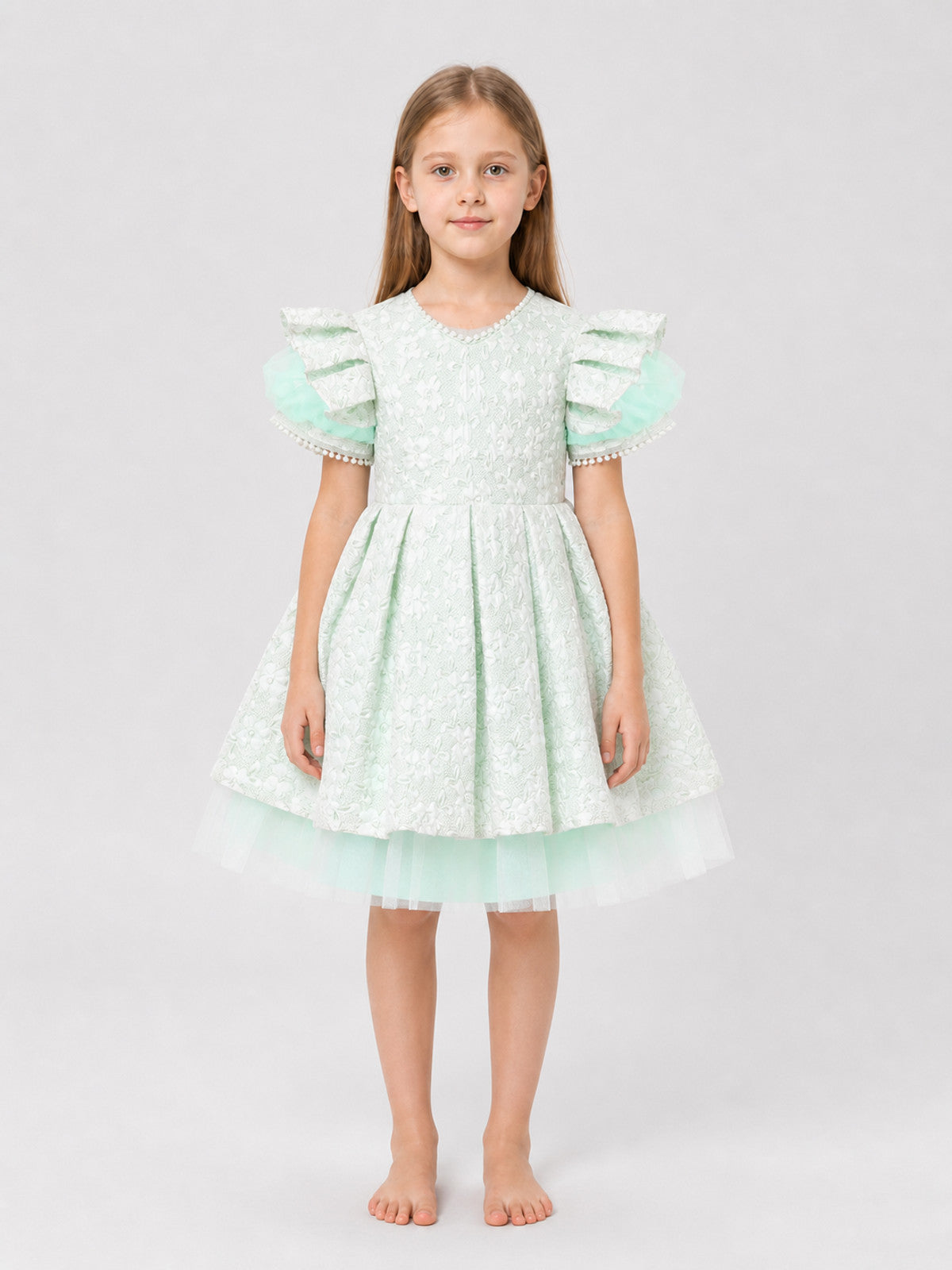 Girls’ Mint Princess Dress with Lace and Tulle on-model view