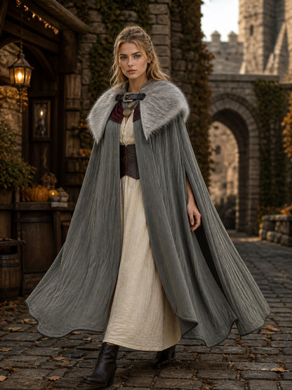 Adult Viking Cape Costume, Fluffy Gray-White Shoulder Edge, Gold Emblem & Button