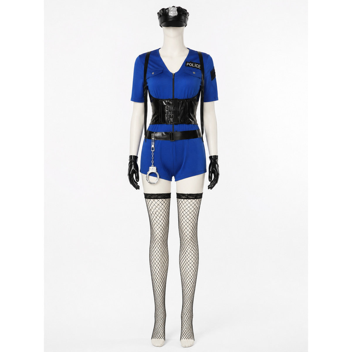 Women's Blue Police Officer Costume Set with Hat, Gloves, Handcuffs, and on-model view