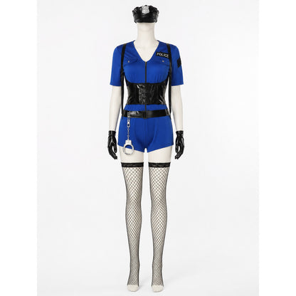 Women's Blue Police Officer Costume Set with Hat, Gloves, Handcuffs, and on-model view