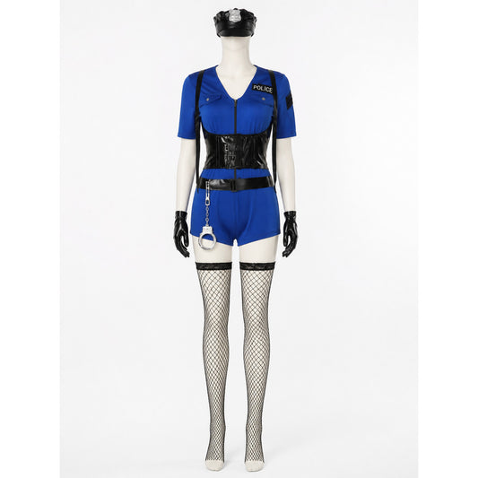 Women's Blue Police Officer Costume Set with Hat, Gloves, Handcuffs, and on-model view