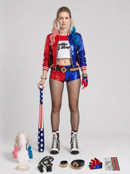 Harley Quinn cosplay costume with wig and accessories on-model view