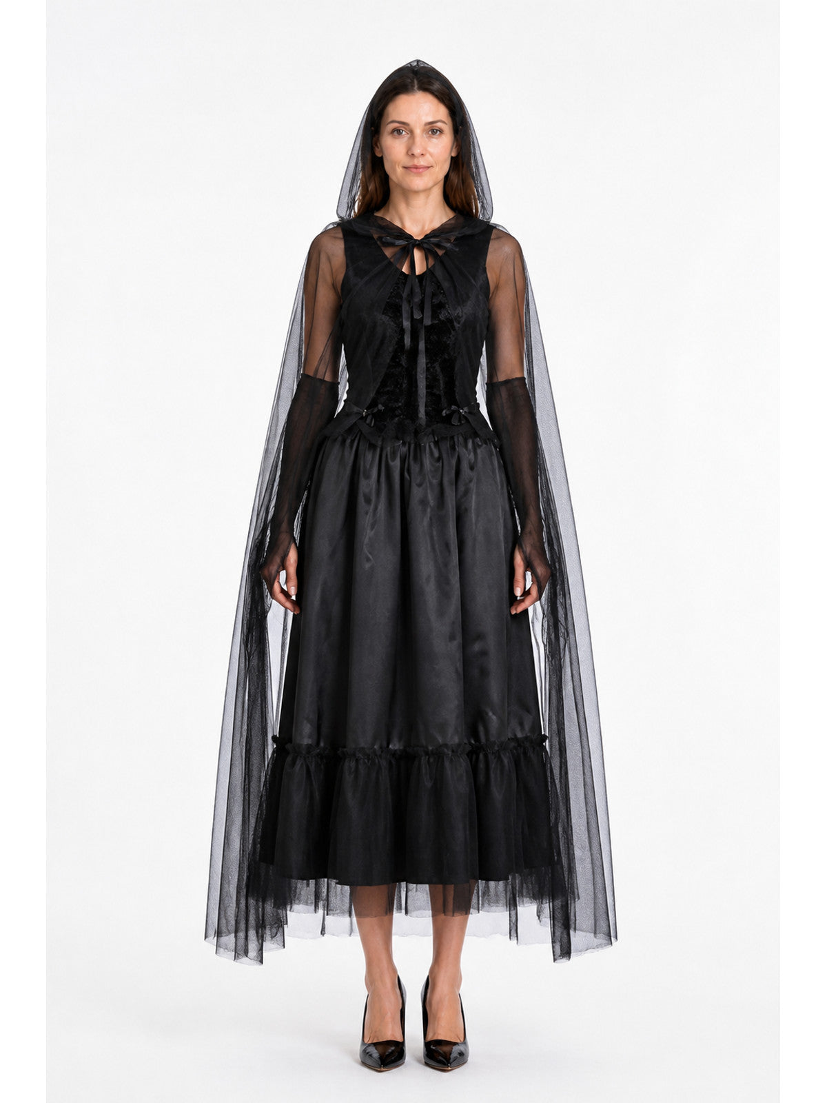 Black Ghost Bride Dress with Hood and Cape main product view