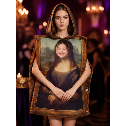 Funny Mona Lisa Costume Jumpsuit with Classic Painting Frame for Halloween on-model view