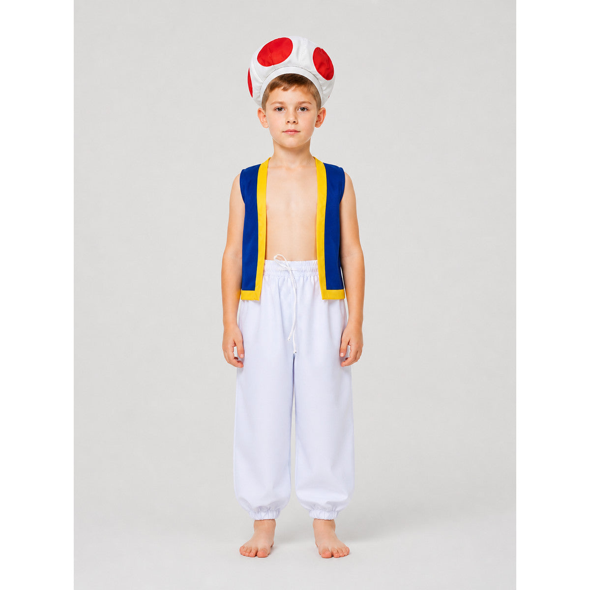 Toad Costume with Mushroom Hat, Vest, and Pants on-model view
