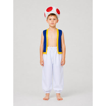 Toad Costume with Mushroom Hat, Vest, and Pants on-model view
