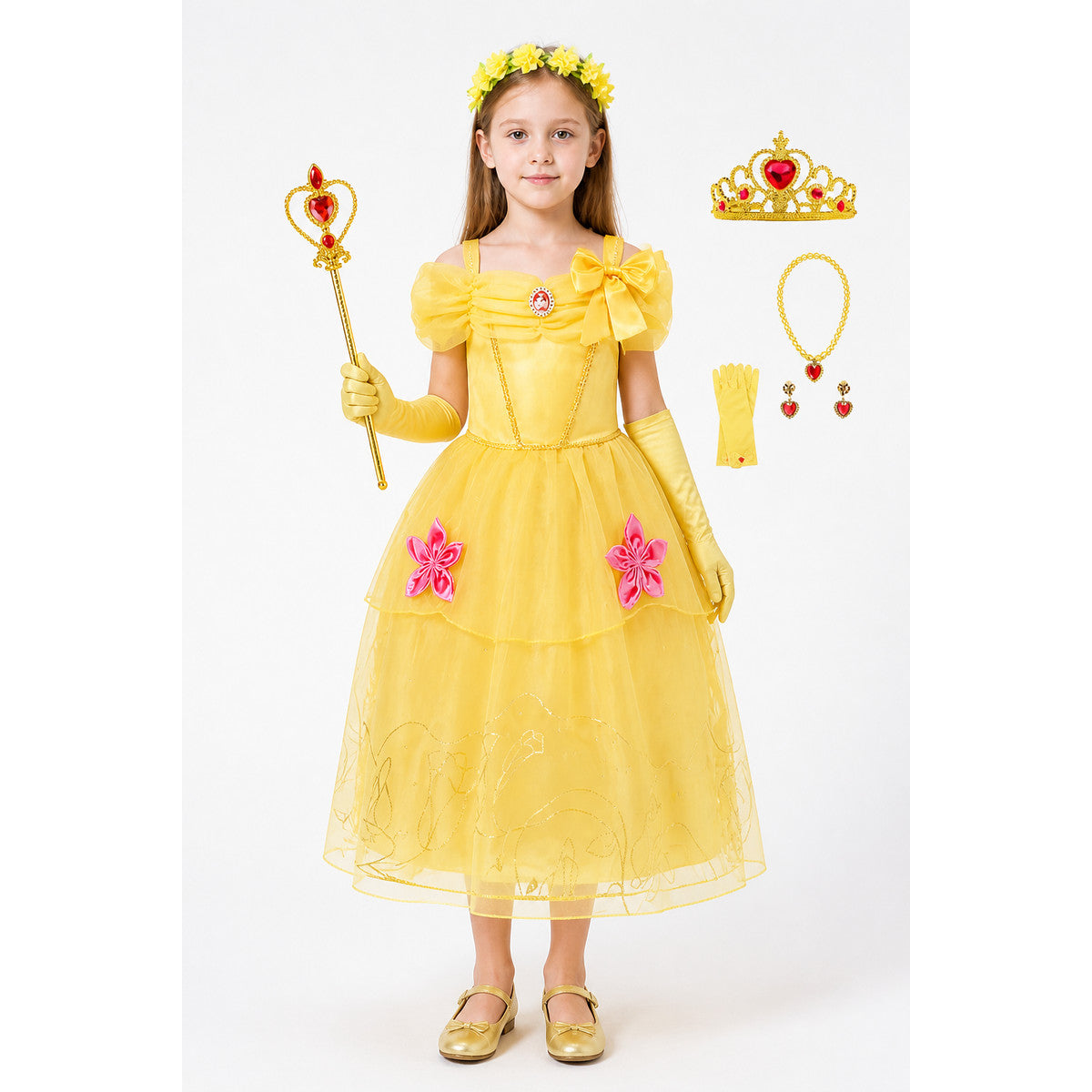 Princess costume with crown and wand, yellow dress main product view