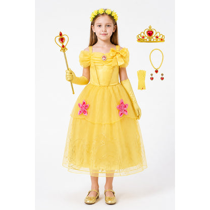 Princess costume with crown and wand, yellow dress main product view
