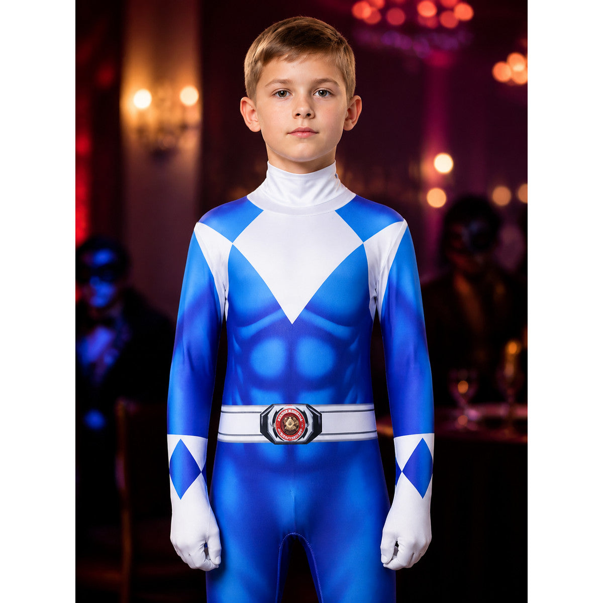 Dinosaur Ranger Full Body Onesie, Blue White Geometric Print Hooded Halloween on-model view