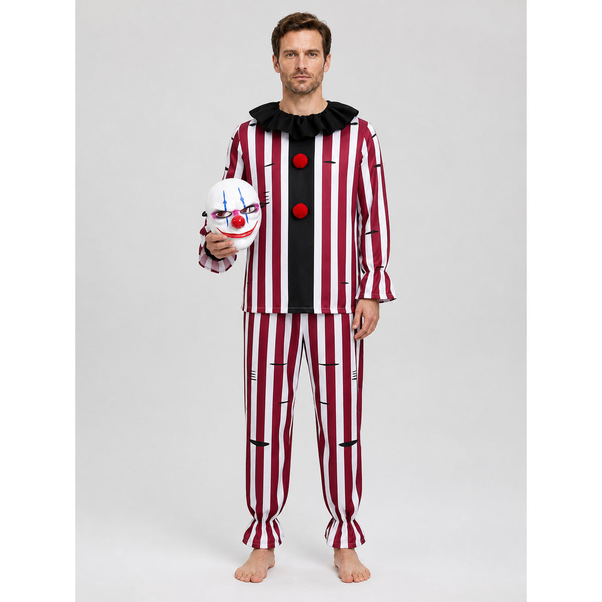 Scary Clown Costume with Mask, Red and White Stripes on-model view