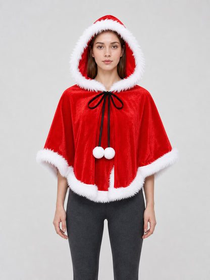 Christmas Hooded Cape with White Trim on-model view