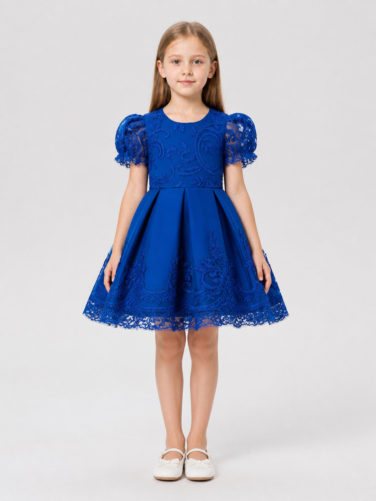 Girls’ Princess Dress with Embroidery and Lace Trim on-model view