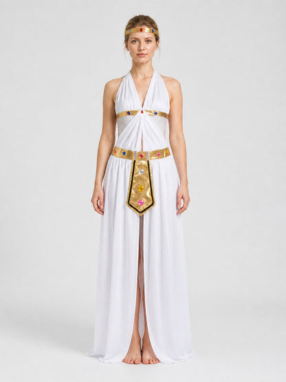 Cleopatra Costume with a Gold Belt and Colorful Stones on-model view