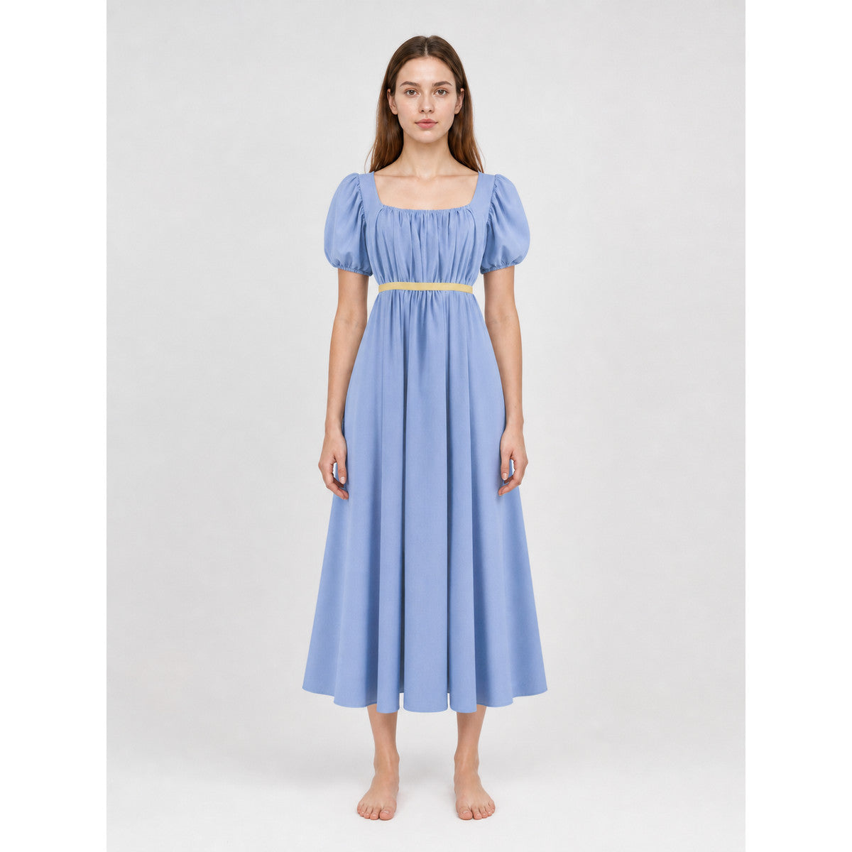 Long Dress with a Square Neckline and Puff Sleeves
