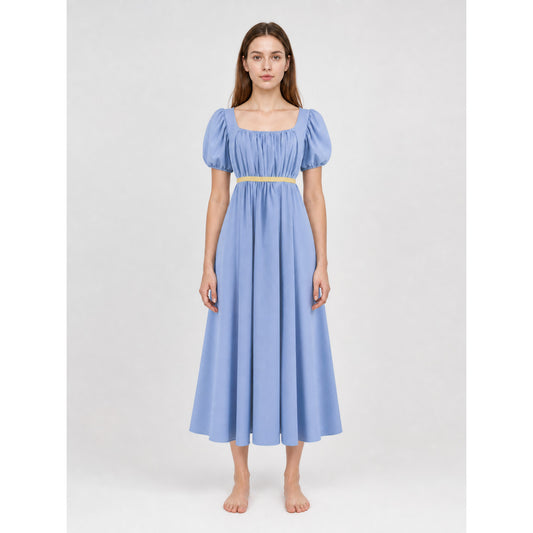 Long Dress with a Square Neckline and Puff Sleeves