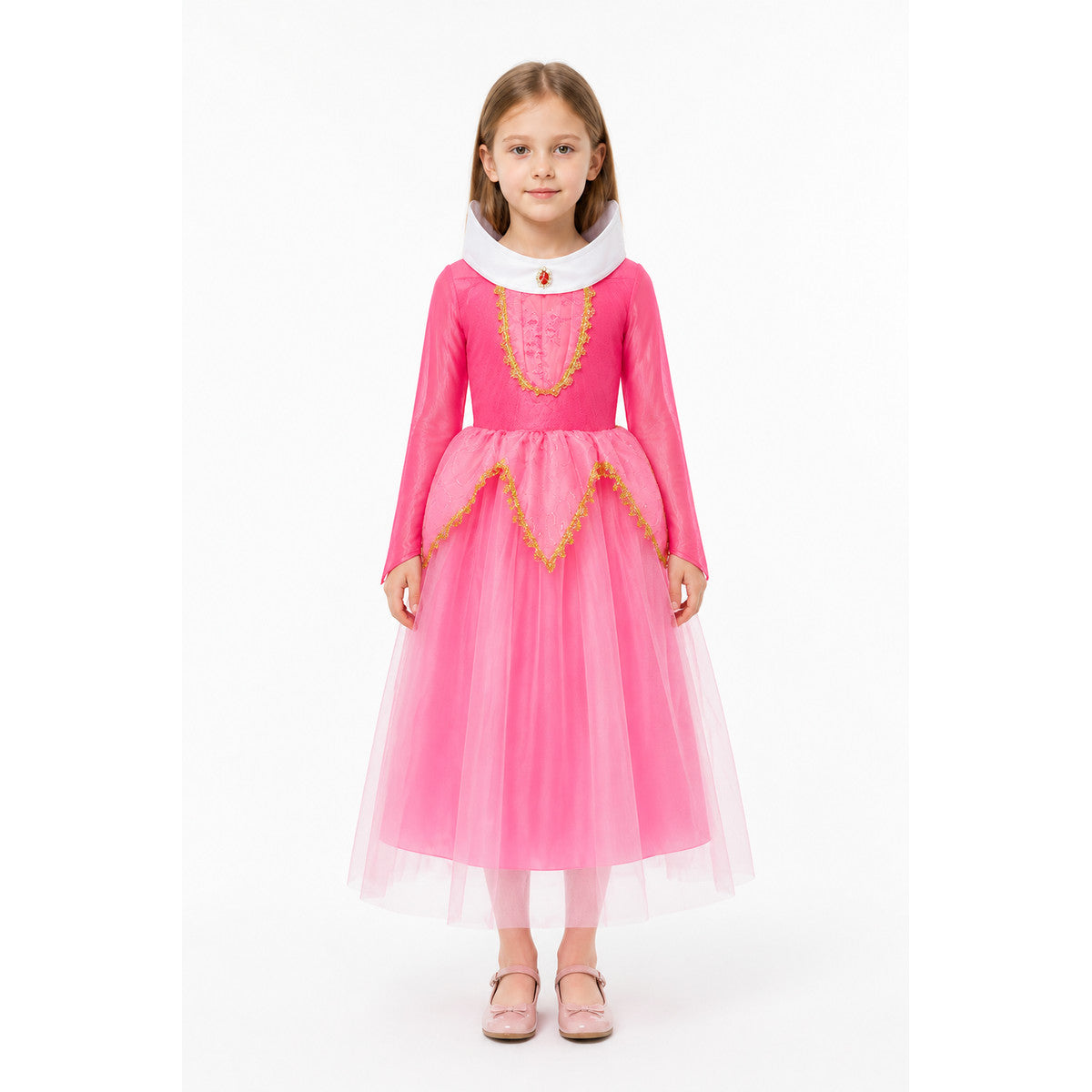 Long, full princess dress with gold trim main product view