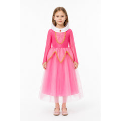 Long, full princess dress with gold trim