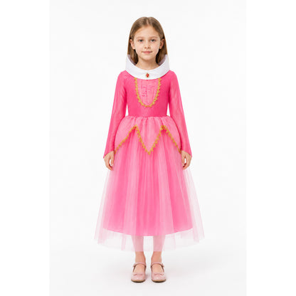 Long, full princess dress with gold trim main product view