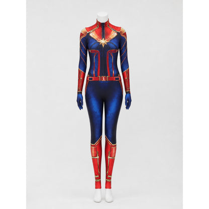 Adult Captain Marvel Bodysuit Costume, Long Sleeve High Neck Red Blue Gold on-model view