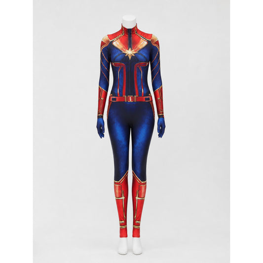 Adult Captain Marvel Bodysuit Costume, Long Sleeve High Neck Red Blue Gold on-model view