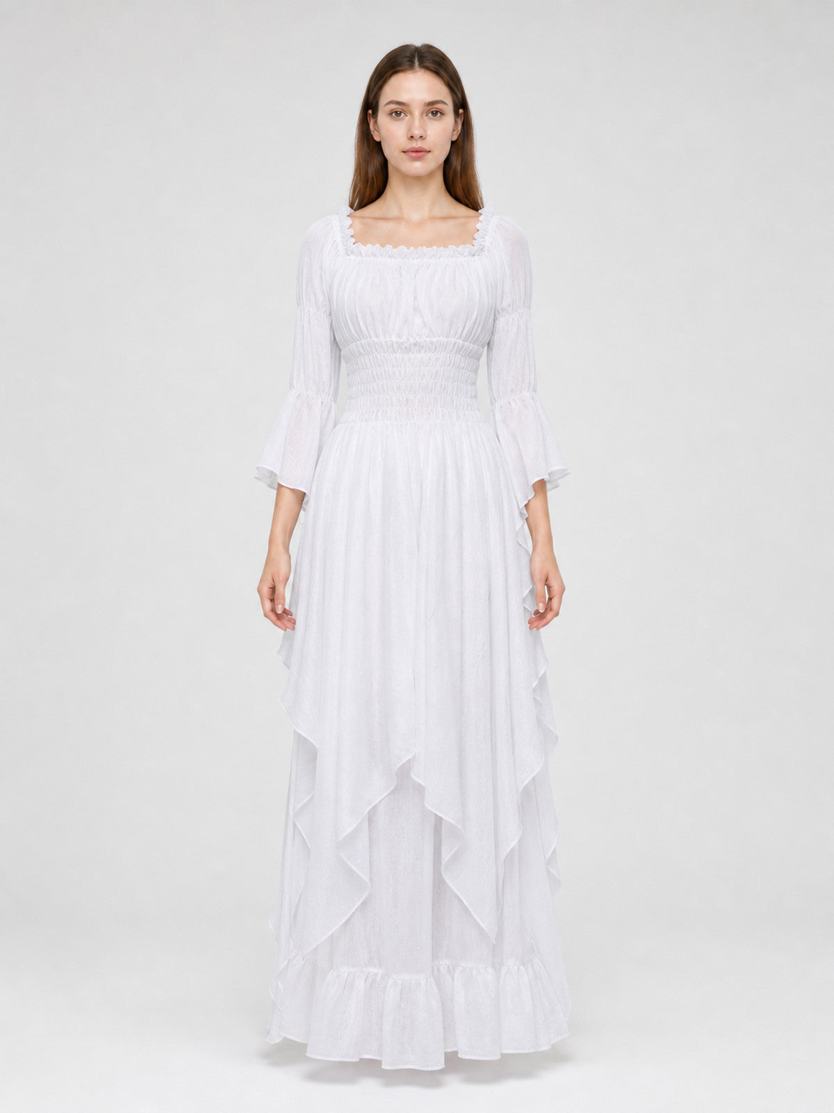 Long Dress with Lace Sleeves and Ruffles front view