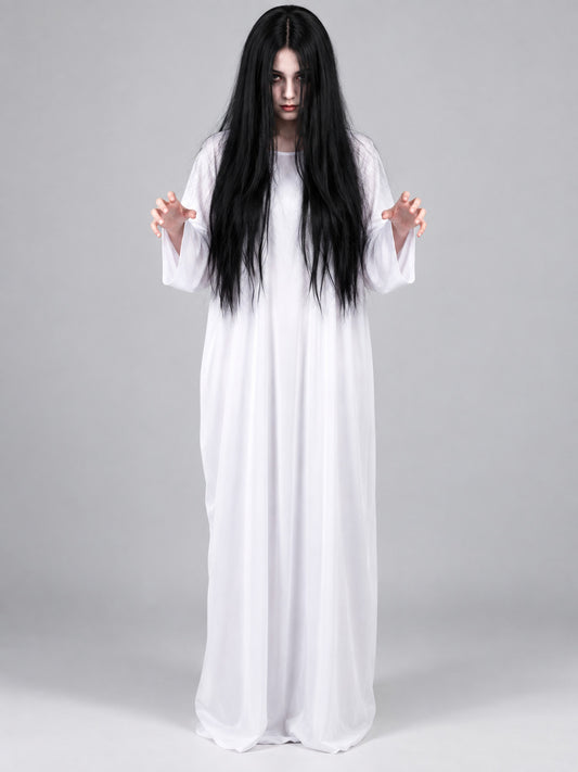 Ghost Halloween Costume: White Dress and Black Wig