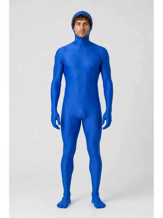 Man wearing the blue open-face zentai suit, full-body front view with hood, gloves and feet